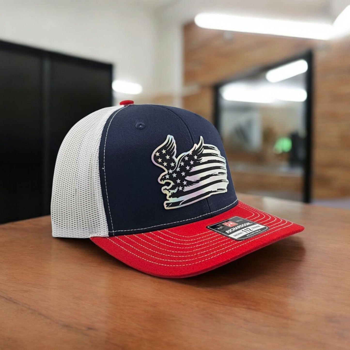 Eagle American Flag, Engraved Leatherette, Richardson 112 Snapback Trucker Hat