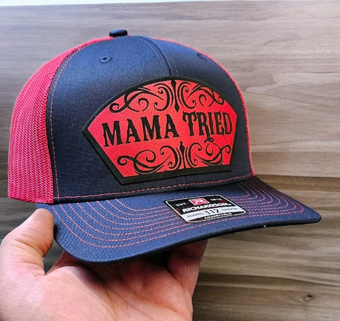 Mama Tried, Funny, western style hat, mom, dad and kids. Richardson 112 Snapback extra crispy edition.