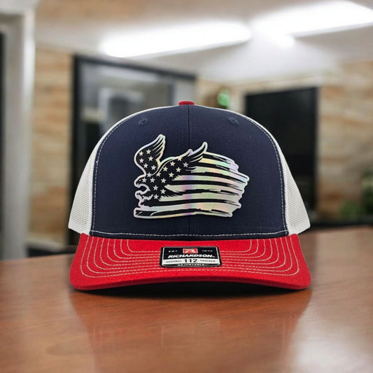 Eagle American Flag, Engraved Leatherette, Richardson 112 Snapback Trucker Hat