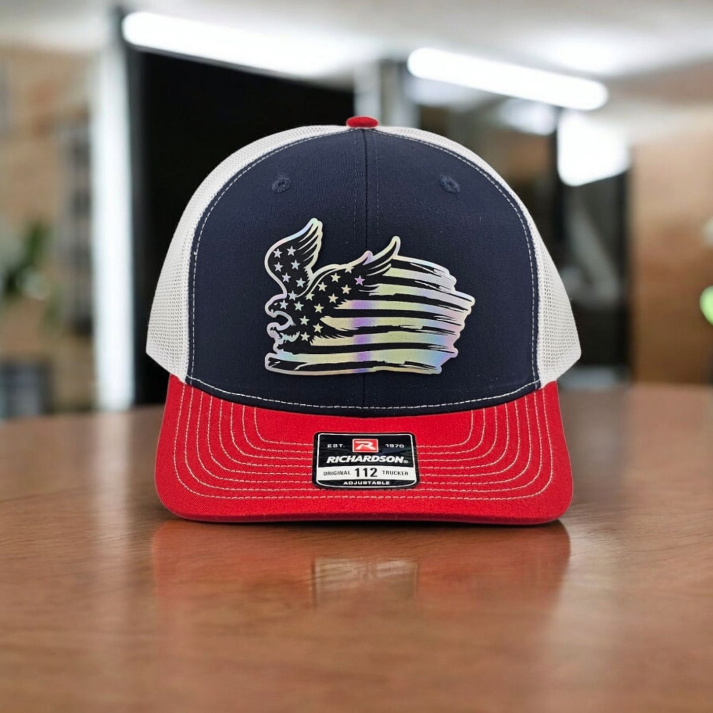 Eagle American Flag, Engraved Leatherette, Richardson 112 Snapback Trucker Hat