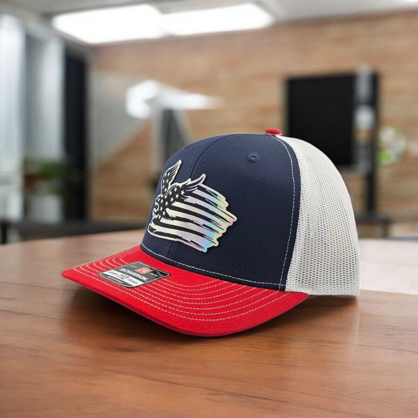 Eagle American Flag, Engraved Leatherette, Richardson 112 Snapback Trucker Hat