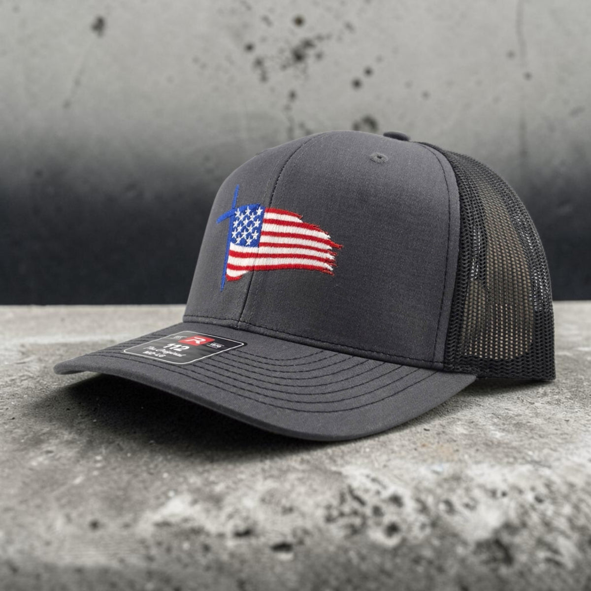 Cross American Flag patriotic Christian hat, embroidered Richardson 112 trucker hat - view 2