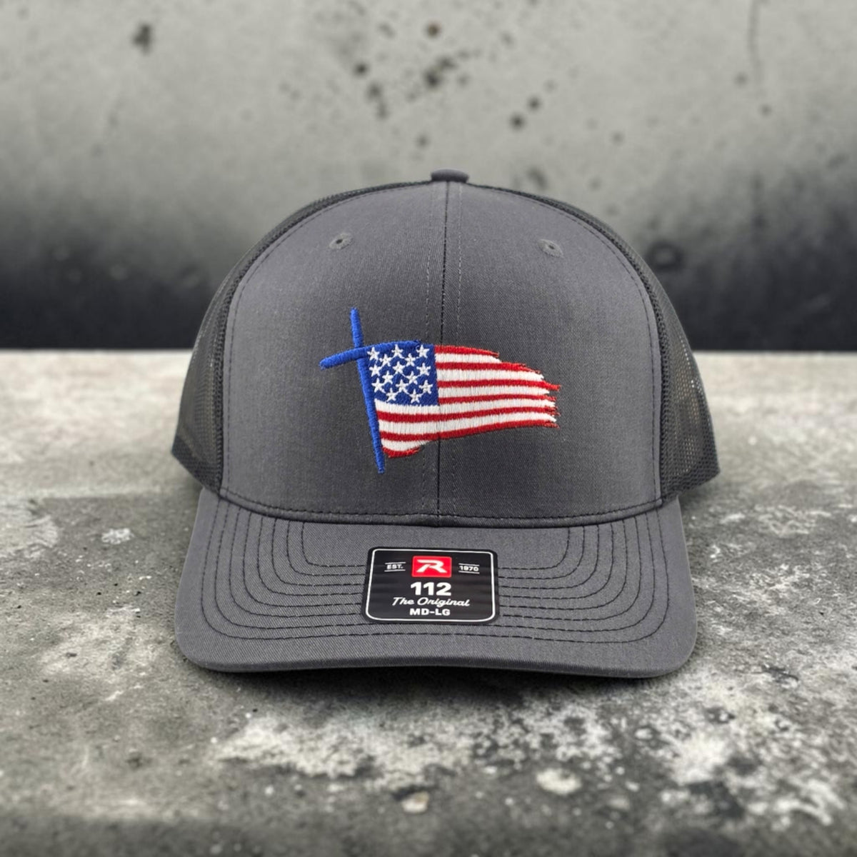 Cross American Flag patriotic Christian hat, embroidered Richardson 112 trucker hat - view 4