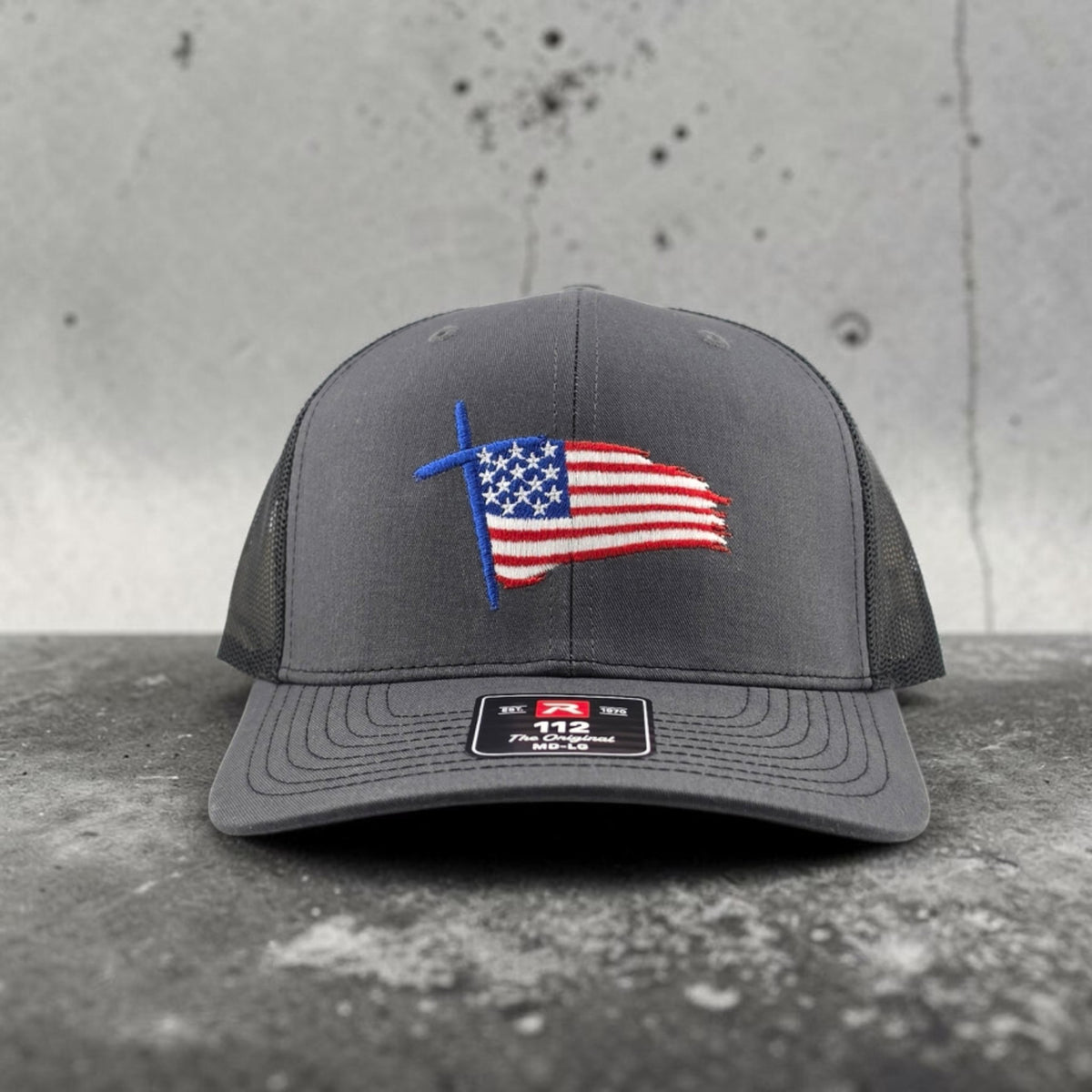 Cross American Flag patriotic Christian hat, embroidered Richardson 112 trucker hat
