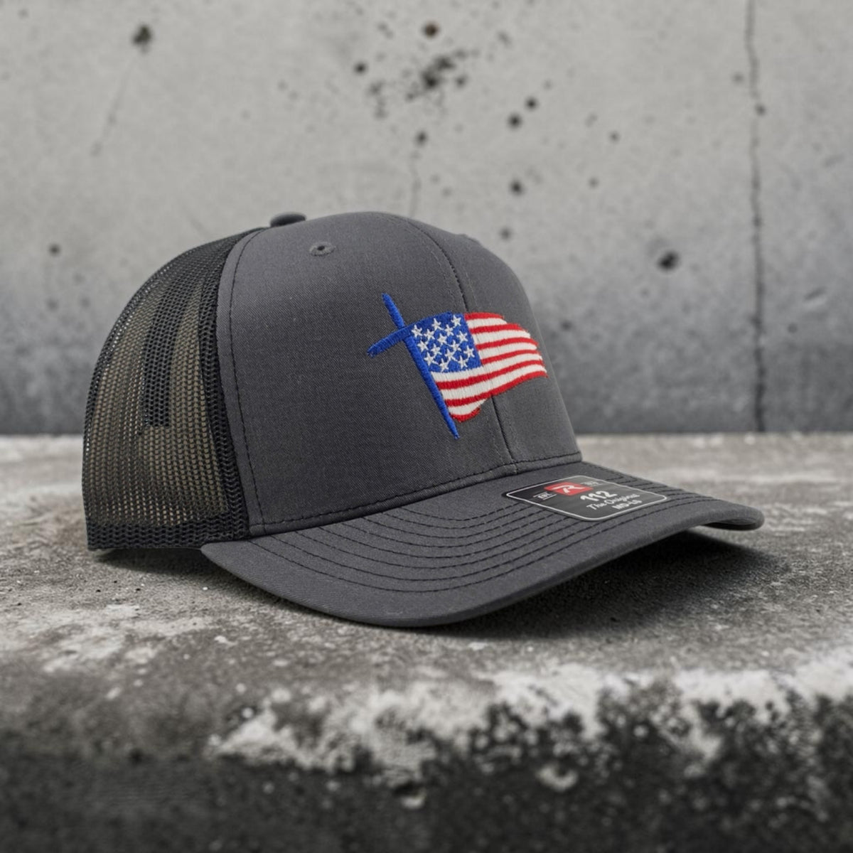 Cross American Flag patriotic Christian hat, embroidered Richardson 112 trucker hat - view 3