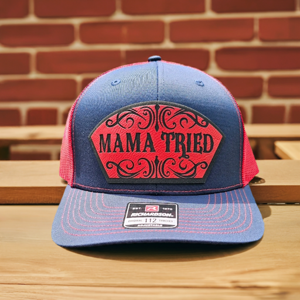 Mama Tried, Funny, western style hat, mom, dad and kids.  Richardson 112 Snapback extra crispy edition.