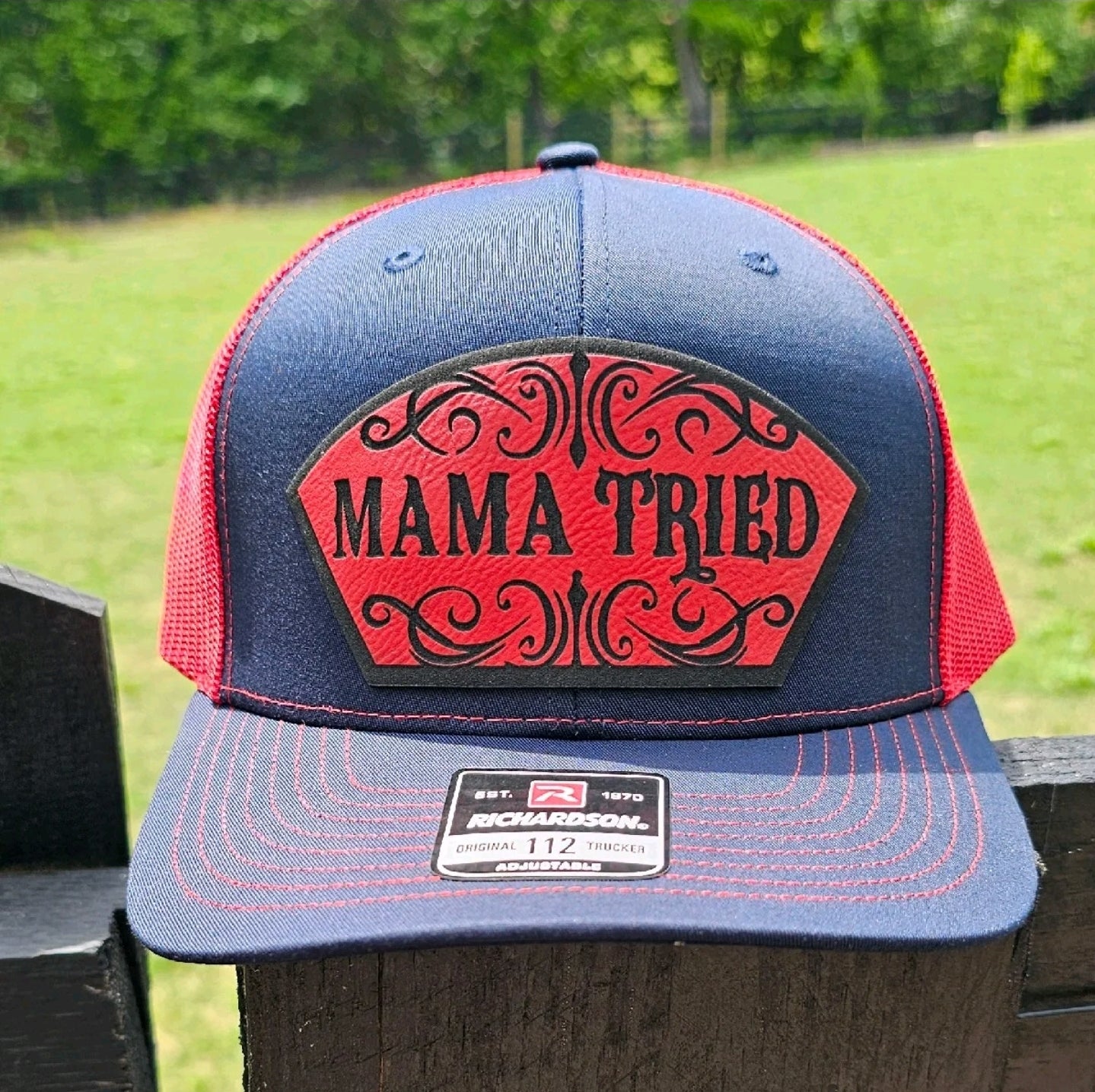 Mama Tried, Funny, western style hat, mom, dad and kids.  Richardson 112 Snapback extra crispy edition.