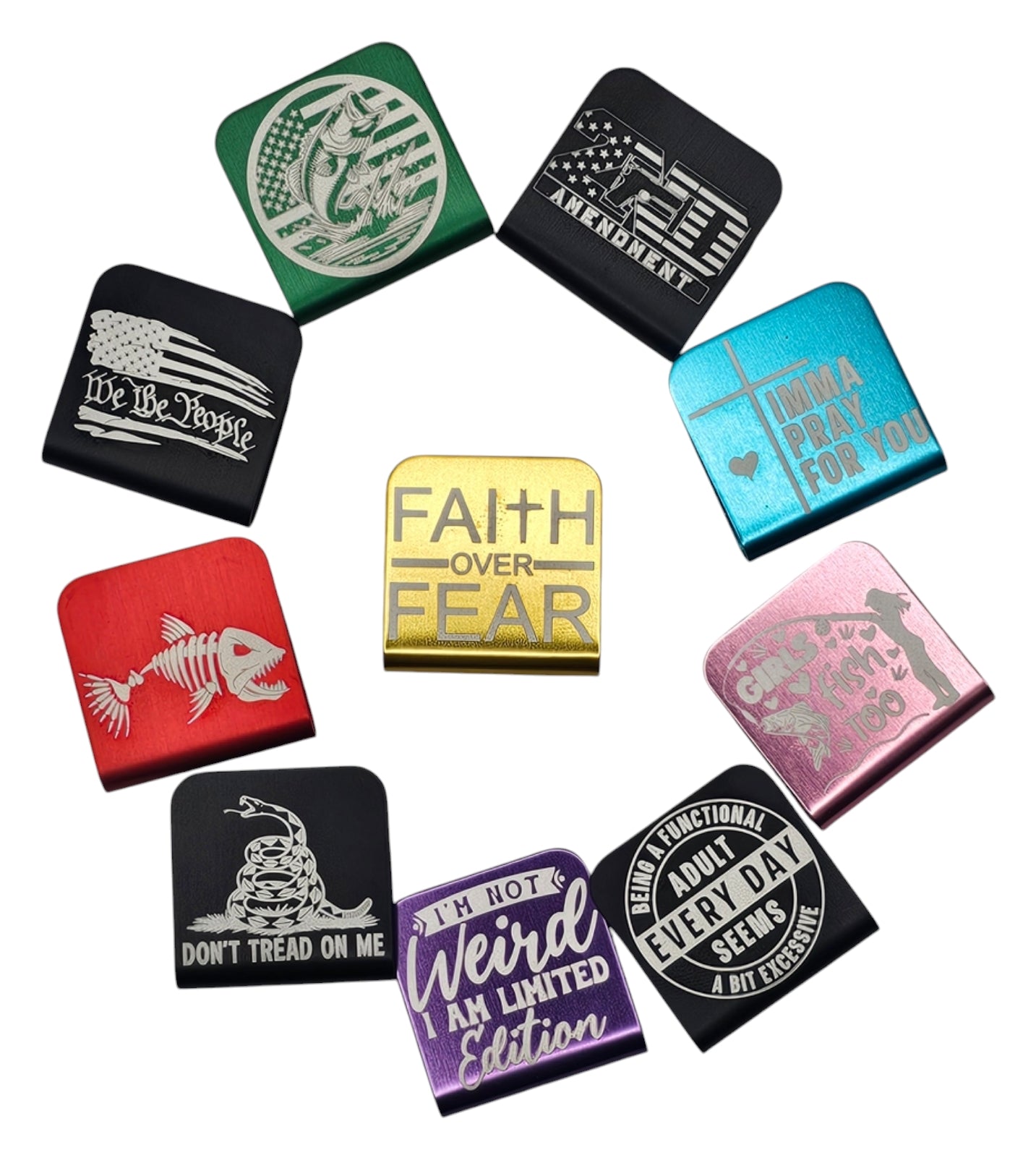 30mm Aluminum Hat Clips - Various Engraved Designs for Men and Women, Featuring Unique Themes and Phrases