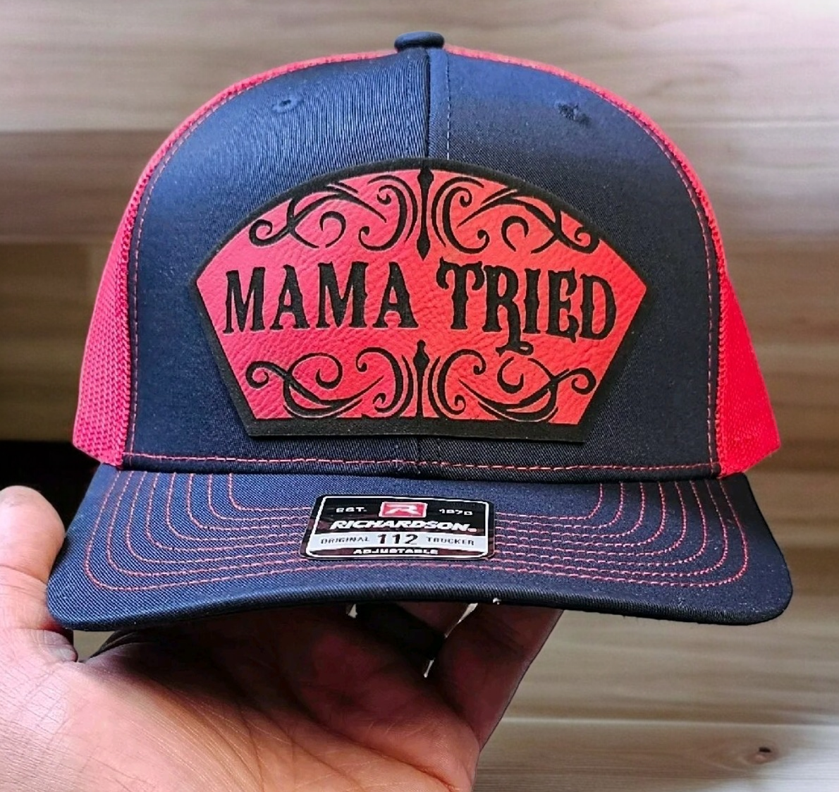Mama Tried, Funny, western style hat, mom, dad and kids.  Richardson 112 Snapback extra crispy edition.