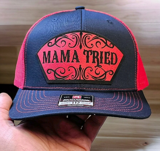 Mama Tried, Funny, western style hat, mom, dad and kids.  Richardson 112 Snapback extra crispy edition.