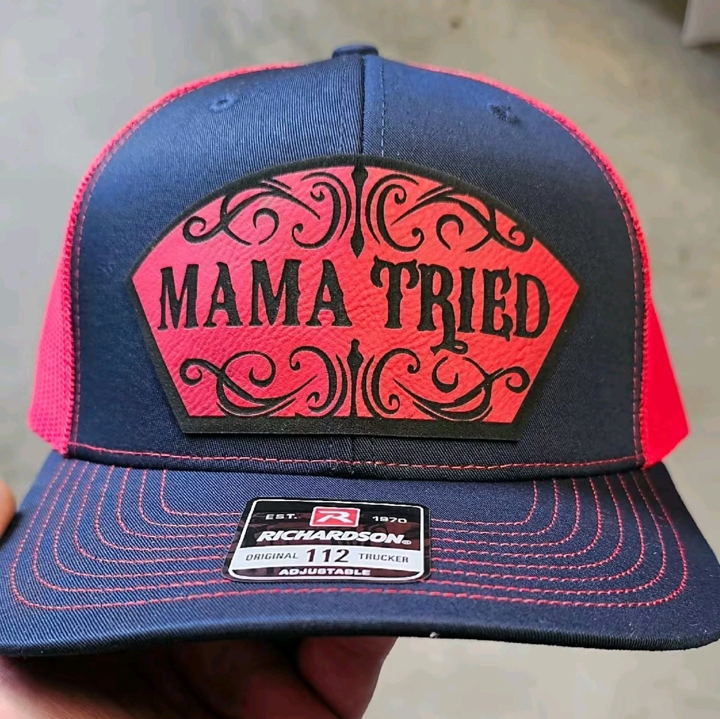 Mama Tried, Funny, western style hat, mom, dad and kids.  Richardson 112 Snapback extra crispy edition.