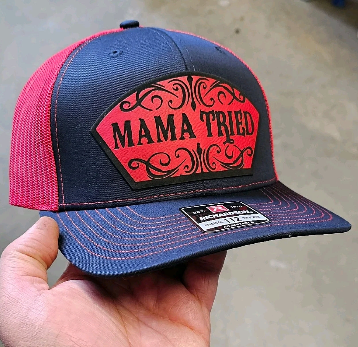 Mama Tried, Funny, western style hat, mom, dad and kids.  Richardson 112 Snapback extra crispy edition.