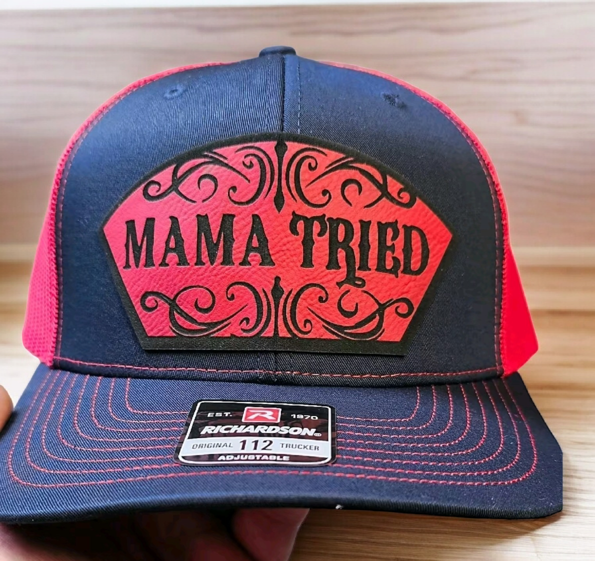 Mama Tried, Funny, western style hat, mom, dad and kids.  Richardson 112 Snapback extra crispy edition.