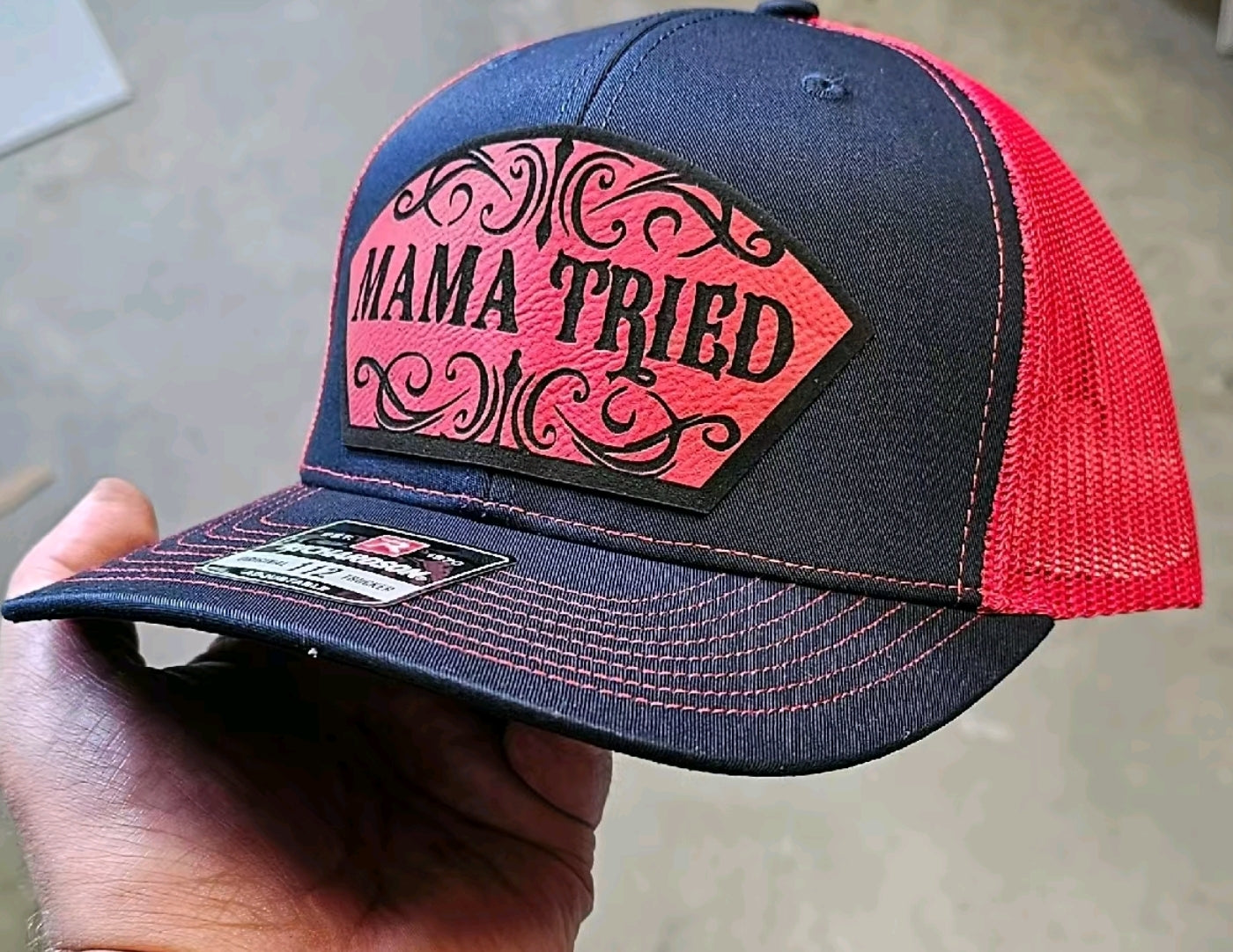 Mama Tried, Funny, western style hat, mom, dad and kids.  Richardson 112 Snapback extra crispy edition.